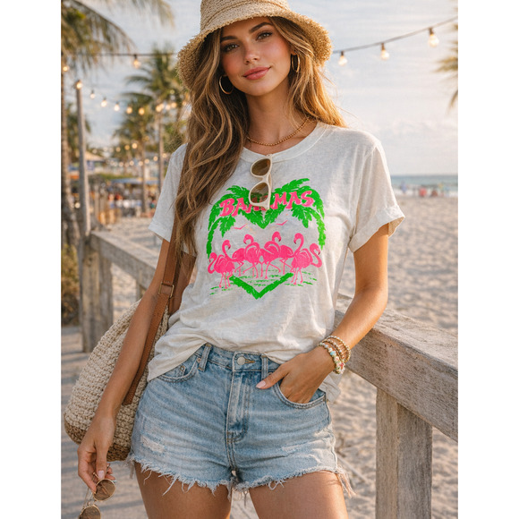 Double Bull Tops - Vintage Bahamas T Shirt Large White Neon Puff Paint Tropical Single Stitch 80s